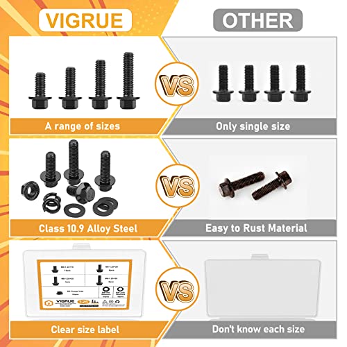 VIGRUE 200Pcs M6-1.0 x 12/16/20/25/30mm Flanged Hex Head Bolts Serrated Flange Nuts Washers Assorment, Black Metric Nut and Bolt Kit, Class 10.9 Alloy Steel - size: M6-1.0