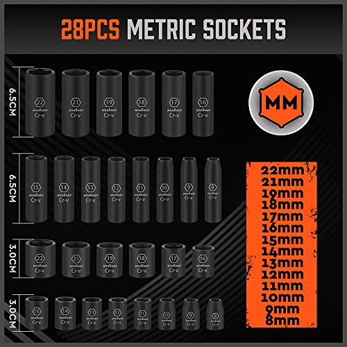 HORUSDY 50-Piece 3/8" Drive Impact Socket Set, Standard SAE (5/16 to 3/4 inch) and Metric (8-22mm) Size, 6 Point, Cr-V, 3/8-Inch Drive Ratchet Wrench, Drive Extension Bar, Impact Universal Joint - color: 50 Pcs Orange