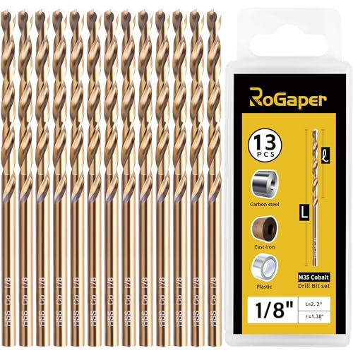 1/8 Inch Cobalt Drill Bits, 13 Pack of M35 HSS,135 Degree Tip,Jobber Length Twist Drill Bit Set for Hard Metal, Stainless Steel drill bits,Cast Ironhardened steel drill bits, with Storage Case - style: 1/8-13pcs