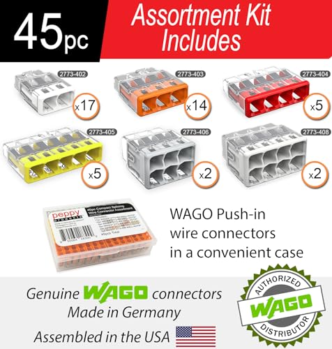 Wago 2773 Wall Nuts 45pc Push-in Wire Connector Assortment Kit with Case | Splicing for Solid and Stranded Electrical Conductors | 2773-402, 2773-403, 2773-404, 2773-405, 2773-406, 2773-408 - size: 45pc Kit