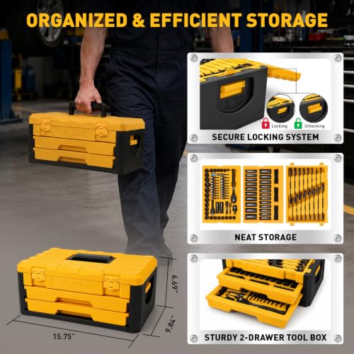 ELEAD 148-Piece Mechanics Tool Set, SAE/Metric 1/4" & 3/8" Drive Socket Set, Magnetic Nut Drivers, Ratcheting Wrenches, Extensions & Adapters, Quick-Release Ratchet, Mechanics Tool for Car Repair - color: 148pcs Mechanics Tool Set Yellow
