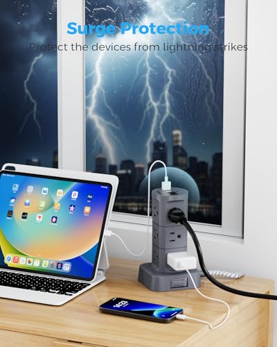 Charging Station Tower, Power Strips with Surge Protection, Flat Plug - color: Gray, size: 6 FT