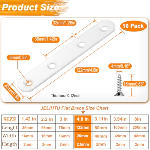 4.8 inch White Flat Mending Plate Straight Brace Brackets, 10 Pack - color: White, size: 10 Pcs / 4.8 x 0.8 in