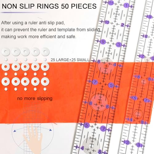Quilting Ruler, Sewing Ruler, 8 Pack, Acrylic Quilting Templates(6"x17", 3"x17", 2"x16", 1.5"x12", 1"x12", 1"x6", 8"x3"), Non Slip Rings 25 Pieces, Sewing and Quilting Supplies - Clear/Purple - color: Purple