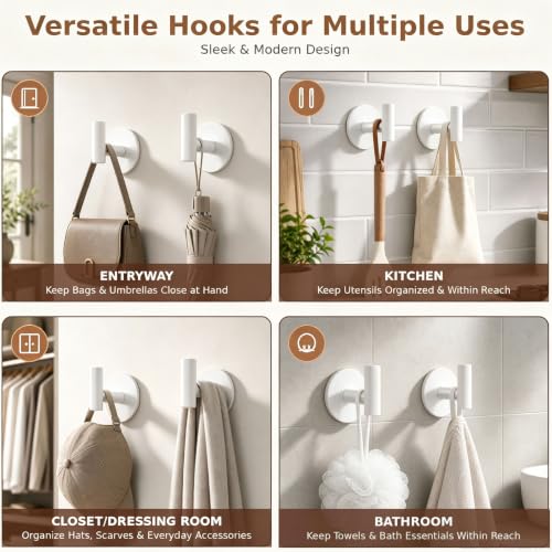 Heavy Duty Towel Hooks, Stainless Steel White Adhesive Hooks for Coat, Bags, Towels, Robes, Hats, Aprons – No Drill Bathroom, Kitchen, Hotel Wall Hooks (4 Pack) - color: White, size: Adhesive "T" Shape- 4 Pack