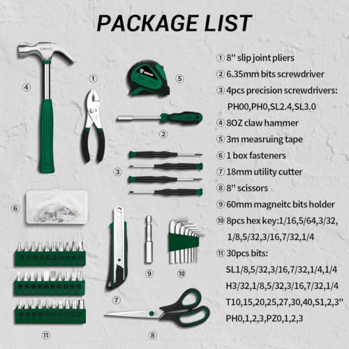 DEKOPRO 50 Piece General Household Hand Tool Kit with Plastic Toolbox Storage Case, All Purpose Home Tool Kit Includes Essential Tools for Office College Repairs - Green - color: Green-50pcs