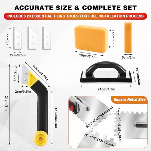 23 Pcs Tile Trowel Kit with Grout Float, Removal Tool, Silicone Caulking Tool, Grout Saw with 3 Blades, Sponges and Tile Trowels Set for Floor Wall Installation