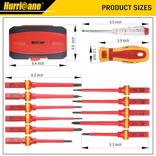 HURRICANE 1000V Insulated Electrician Screwdriver Set, 13 Piece Professional Electrical Screwdriver Set, CR-V Steel Magnetic Phillips Slotted Pozidriv Torx, Insulation VDE & GS Certified Screwdriver - size: 13-Piece Classic Insulated Screwdriver Set