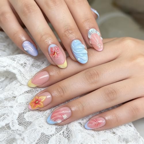 Summer 3D Press on Nails Almond - Medium French Tip Fake Nails with French Red Stripe Pearl Flower Shell Designs, Glossy Finish Reusable False Nails with Glue Tabs - 24Pcs Nail Kit for Women Manicure - color: 3d flower sea shell