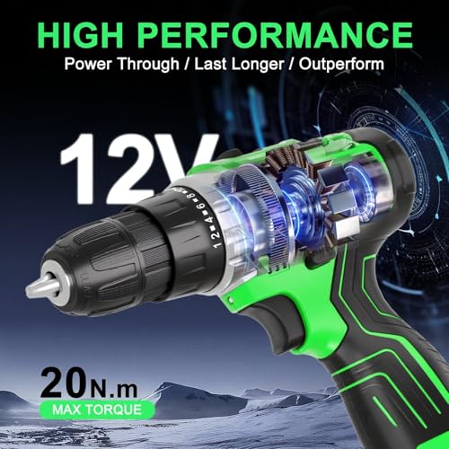 GardenJoy Cordless Power Drill Set: 12V Electric Drill with Battery and Charger, 42pcs Acessories, 3/8"Keyless Chuck, 2 Variable Speed, 24+1 Position, Compact Drill Driver Kit for Home & DIY Project - style: 12V - 2 Batteries - Green - Basic