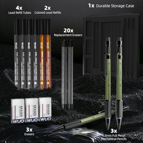WUO 1.3mm Mechanical Pencil Set, 3 Pack Metal Mechanical Carpenter Pencils - color: oliver green