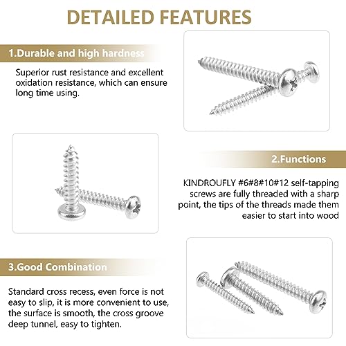 317 Pieces #6#8#10#12 Phillips Pan Head Self-Tapping Screws, Wood Screws Assortment Kit, 304 Stainless Steel - size: #6#8#10#12
