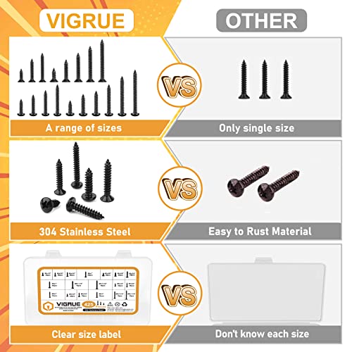 VIGRUE 425PCS #6#8 Black Wood Screw Set, Black Oxide 304 Stainless Steel Phillips Pan and Flat Head Self Tapping Screws Assortment Kit, Length 1/2" to 1-1/2" - style: 425PCS #6#8 Pan Head & Flat Head