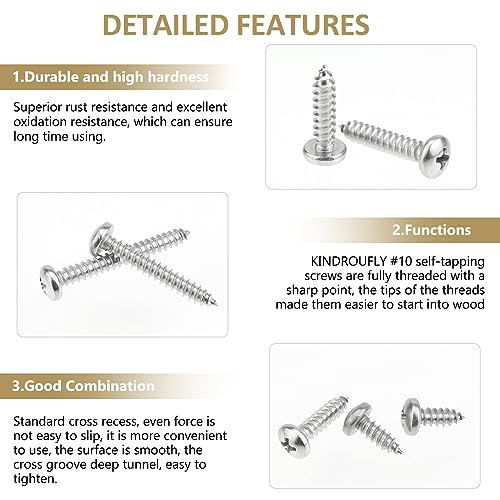 104 Pieces #10 x 1/2" 3/4" 1" 1-1/4" 1-1/2" Phillips Pan Head Self-Tapping Screws, Wood Screws Assortment Kit, 304 Stainless Steel - size: #10
