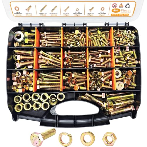 804PCS Assorted Nuts and Bolts with Washers, Grade 8 Bolt Assortment Kit, Including 1/4-20, 5/16-18, 3/8-16, 1/2-13 SAE Size,Yellow Zinc Plated for Automotive,Truck & Mechanical Repair - size: 804pcs SAE 1/4-20 5/16-18 3/8-16 1/2-13