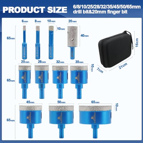 Tile Hole Saw Kit Diamond- BRSCHNITT 11pcs Diamond Core Drill Bit for Porcelain Tile Ceramic Marble Granite Drilling Triangle Shank - size: 6/8/10/25/28/32/35/45/50/65D+20F