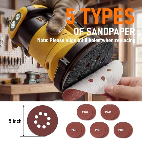 Cordless Random Orbital Sander Compatible with DeWalt 20V MAX Battery (No Battery) 5-Inch Brushless Electric Sander with 3-Speed & Dust Collector, for Woodworking, Metal& DIY Sanding