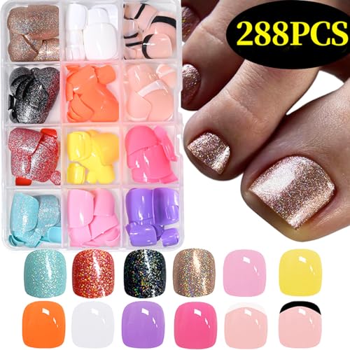 288Pcs Press on Toenails Short Square Toe Fake Nails with Glue Tabs,12 Color Gel Fake Toenails Press ons, Glitter French Glossy Glue on Toenail Acrylic Toes Nails False Presson Stick Toenail for Feet - color: 12 Color Press on Toenails