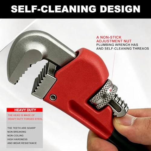 Heavy Duty 6 Inch Adjustable Pipe Wrench - Mini Straight Plumbing Tool for Tight Spaces & DIY Repairs, Red