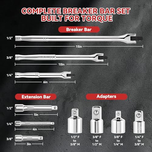 Home Tool Kit with Breaker Bar & Extension Bar Set - General Household Repair Hand Tools (Hammer, Pliers, Wrench) Includes Socket Adapters & Heavy Duty Leverage Bars for DIY Auto Repair & Maintenance