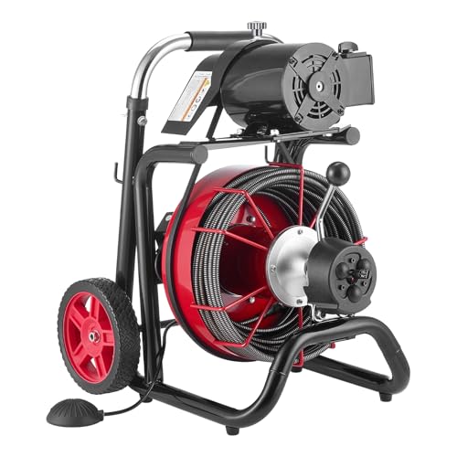 VEVOR Drain Cleaner Machine 100FT x 3/8 Inch, Auto Feed Sewer Snake Auger on Wheels, 370W Portable Drain Cleaning Machine with 8 Cutters & Air-activated Foot Switch for 2" to 4" Pipes - style: 100 FT x 3/8''