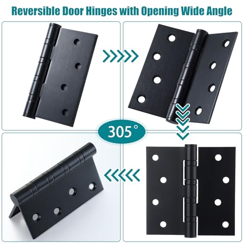 6 Pack Black 4'' Ball Bearing Door Hinges, 4 x 4 Inch Exterior Door Hinge - color: Black