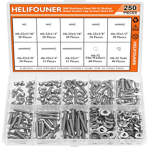 HELIFOUNER 250 Pieces #6-32 x 3/16" 1/4" 5/16" 3/8" 1/2" 5/8" 3/4" 1", Button Head Socket Cap Screws Bolts Washers Nuts Kit, Coarse Thread, Fully Machine Threaded, 304 Stainless Steel - size: #6-32, style: Button Head