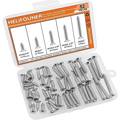 #14 x 3/4" 1" 1-1/4" 1-1/2" 2" Wood Screws Set, HELIFOUNER 52 Pieces Phillips Countersunk Head Self-Tapping Screws Assortment Kit, Phillips Flat Head Wood Screws, 304 Stainless Steel - size: #14