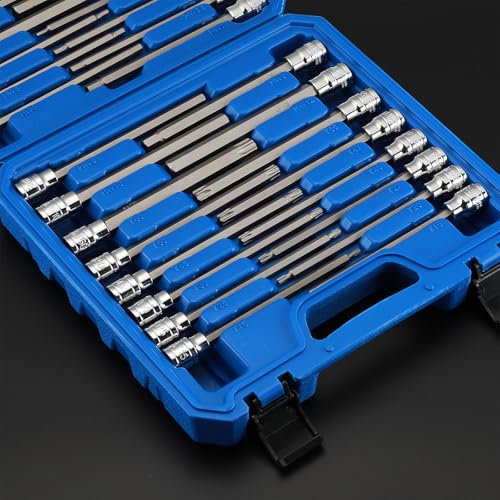 Mayouko 32PCS 3/8" Dr. Extra Long Hex and Torx Bit Socket Set, T10-T60, 1/8"-7/16", 3-12mm, S2&CR-V Steel, 150mm/5.9" Length, SAE&Metric, Long Allen Bit Socket Set - style: Torx&Hex