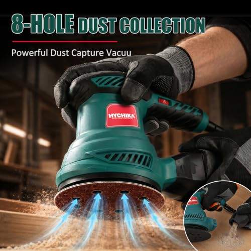 HYCHIKA 5-Inch Orbital Sander with Upgraded Vacuum Dust Collector, 300W Motor 6000-13000 OPM 6 Variable Speeds with10 Pcs Sandpapers for Furnitur, Refinishing & DIY
