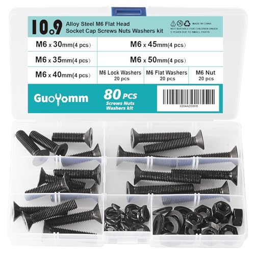 80 Pcs M6 x 30mm 35mm 40mm 45mm 50mm, Flat Head Hex Socket Cap Screws Countersunk Bolts Washers Nuts Assortment Kit, 10.9 Grade Alloy Steel, Black Oxide Finish, Metric Allen Drive - size: M6x30/35/40/45/50mm