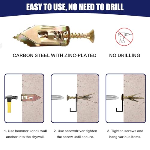 Maozaa 50 pcs Self-Drilling Drywall Anchors with Screws, 0.47x1.18 Inch Zinc Plated Steel Drywall Wall Anchors and Screws Kit Heavy Duty, Easy Application No Drill or Holes in Wall - size: 50PCS 0.47x1.18 inch
