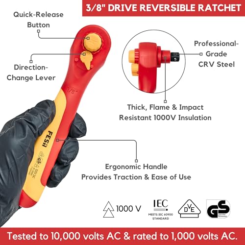 FESA Electrician Insulated Socket Set - 1000V 20-Piece Professional Insulated Ratchet & Socket Wrench Set (3/8" Drive) w/T-Handle, Extension & 4 Hex Bits - 1000 Volt Tools for Electricians - style: 3/8" Drive (Storage Case)