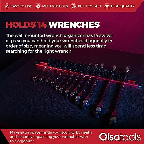 Olsa Tools Wall-Mounted Wrench Rack - Red Anodized Aluminum Rail with Black Clips - Stores 14 SAE or Metric Wrenches Securely - Professional Organizer - Part: 1028 - style: Red Aluminum + Black Clips