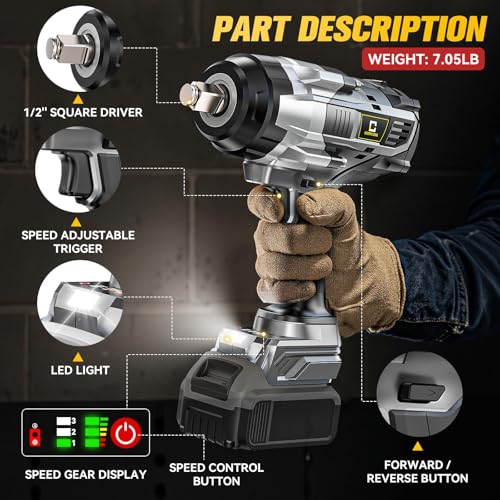 Cordless Impact Wrench 1/2 inch Compatible with Dewalt Battery: 1700FT-LBS High Torque Impact Wrench Heavy Duty Tool - Brushless Electric Impact Gun Includes LED Work Light - Bare Tool Only - size: 1/2inch, style: Fit for DeWalt(No battery)