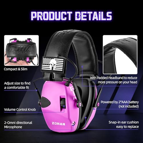 ZOHAN Electronic Shooting Earmuffs Built in Ambient Sound Amplifier, Hearing Protection for Shooters, NRR 23dB Noise Reduction, Ideal Gun Range Ear Protection Headphones for Hunting-Black&Purple - color: With Patches-black&purple