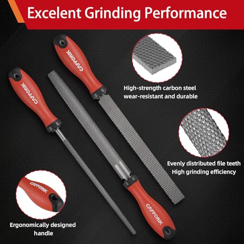 4PCS Wood Rasp File Set, 8-Inch, High-strength carbon steel, Flat/Half-round/Round Wood file with Handle, Wire Brush, For Woodworking