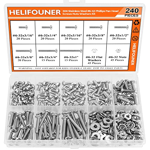 HELIFOUNER 240 Pieces #6-32 Phillips Pan Head Machine Screws Nuts Washers Assortment Kit, Coarse Thread, Fully Machine Threaded, 304 Stainless Steel - size: #6-32, style: Phillips Pan Head