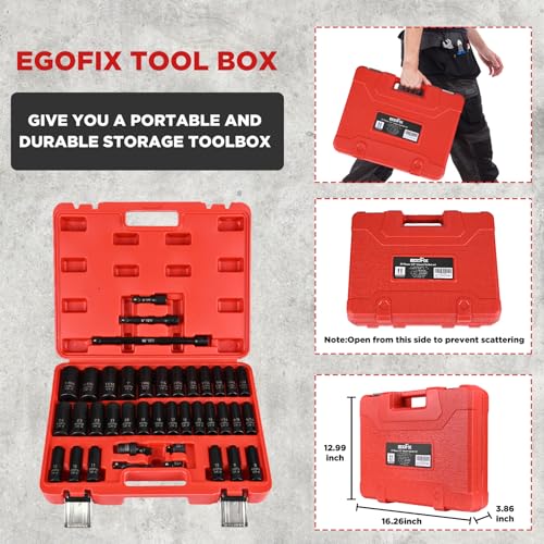 1/2” Drive Impact Deep Socket Set, 39 Pieces Metric(8-24mm)/SAE(5/16 to 1-1/4), CR-V Steel Tool Set with 3”, 5”, 10” Extension Bar, Adapters - color: 1/2-39pcs