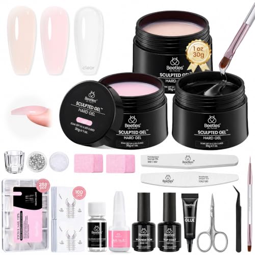 Beetles Hard Gel for Nails Extension Kit, 3 Colors & Half Cover Nail Tips - color: Clear Nude Pink Soft Nude with Long Square Nail Tips 3 x 30 g