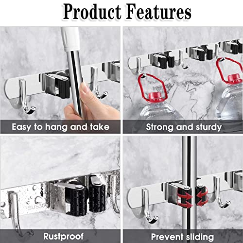 AceMining Broom Holder Wall Mount, 3 Racks 4 Hooks Heavy Duty Mop Organizer - color: 3 Racks & 4 Hooks (Silver) - 1 Pack