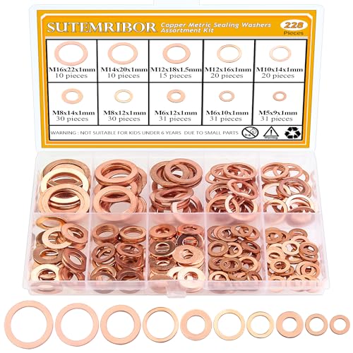 228 Pieces 10 Sizes Copper Washers Kit - Metric Flat and Sealing Metal Washers (M5 M6 M8 M10 M12 M14 M16) - color: Copper
