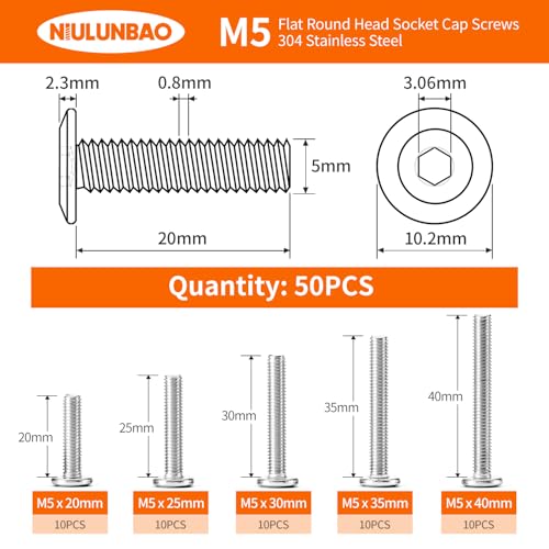 M5 x 20mm 25mm 30mm 35mm 40mm Flat Round Head Hex Socket Cap Screws Bolts, Furniture Screws, 304 Stainless Steel, Allen Hex Drive, Metric Fully Threaded, Bright Finish, Assortment Kit 50PCS - size: M5 x 20/25/30/35/40mm (50PCS)