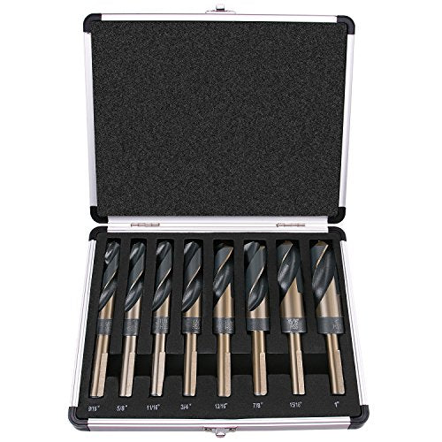 EFFICERE 8-Piece Premium 1/2” Reduced Shank Silver and Deming Large Drill Bit Set in Aluminum Carry Case, M2 High Speed Steel, 135-Degree Split Point | SAE Inch Size 9/16” - 1” by 1/16th Increment - size: 8-Piece Set in Aluminum Case