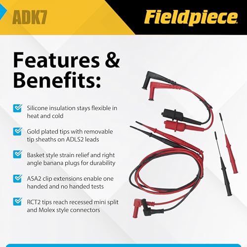 Fieldpiece ADK7 Deluxe Silicone Test Lead Kit – Professional HVAC/R Multimeter Lead Set with Gold-Plated Tips, Alligator Clip Extensions, and Extended Reach Molex Probes – High-Heat & Cold-Weather