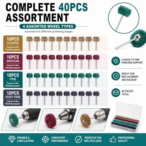 40-Piece Abrasive Conditioning Polishing Buffing Wheel Set, 1 Inch with 1/8 Inch Shank, for Rotary Tools