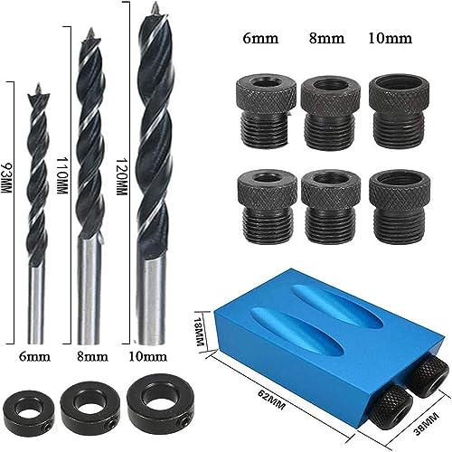 15 Pcs Pocket Hole Jig Kit 15 Degree Woodwork Guides Joint Angle Tool Carpentry Locator With Hole Fixture 6/8/10mm Drill Bits Dowel Screw Drill Jig Joinery Kit Carpenters
