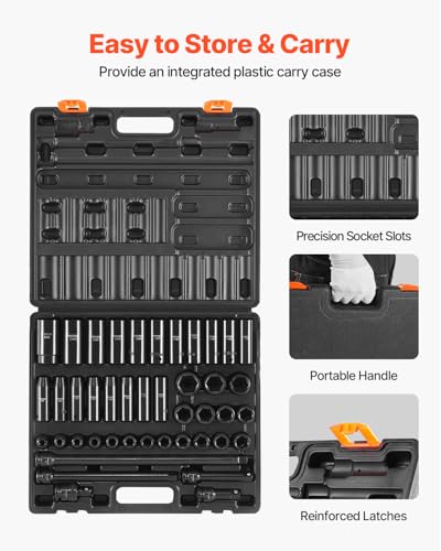 VEVOR Impact Socket Set, 1/2 Inches 43 Piece Impact Sockets, 1/2 Inches Drive Socket Set, High-torque Standard Socket Assortmen with 4 Extension Bars, 6-Point Sockets Metric 9-30mm (Standard/Deep) - size: 1/2" 43 PCS