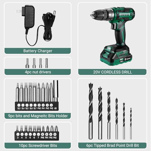 Power Drill Cordless: DEKO PRO Cordless Drill 20V Electric Power Drills Set Tool for Women with Battery and Charger 20 Volt Drills Driver Kit Green - color: Green