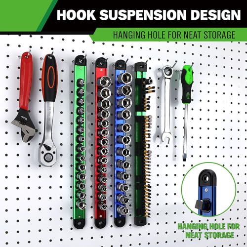 4-Piece Magnetic Socket Organizer Kit, 1/4'' 3/8'' 1/2'' Heavy Duty Socket Holder Holds 40 Clips, Aluminum Sockets Rail for Tool Box Drawer with 1/4'' Slidable Drill Bit Organizer Holds 40 Bits - style: Multi-Color 4-Piece